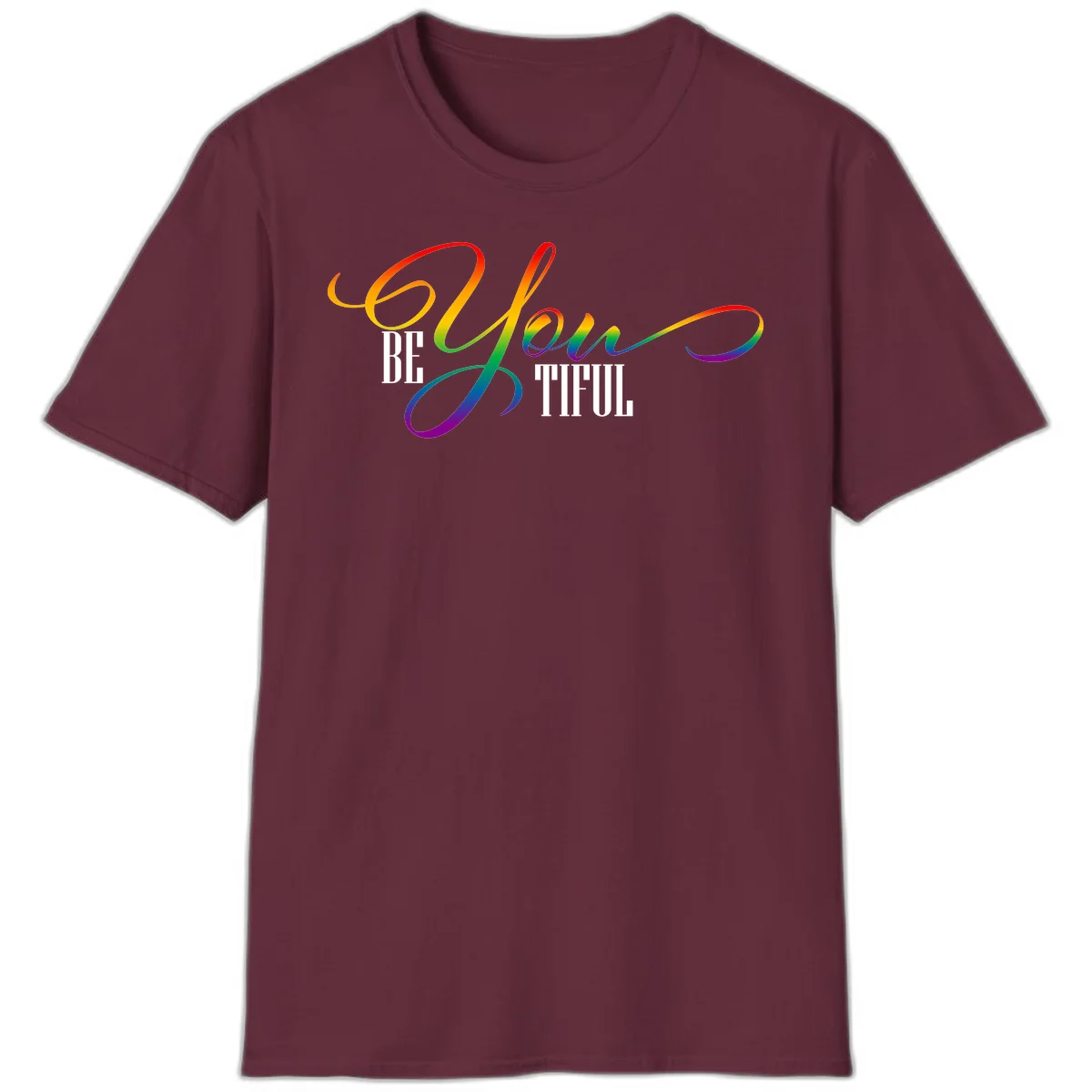 Colorful be-you-them-pride design with flowing rainbow gradient text transitioning from red to purple on gray background in Maroon