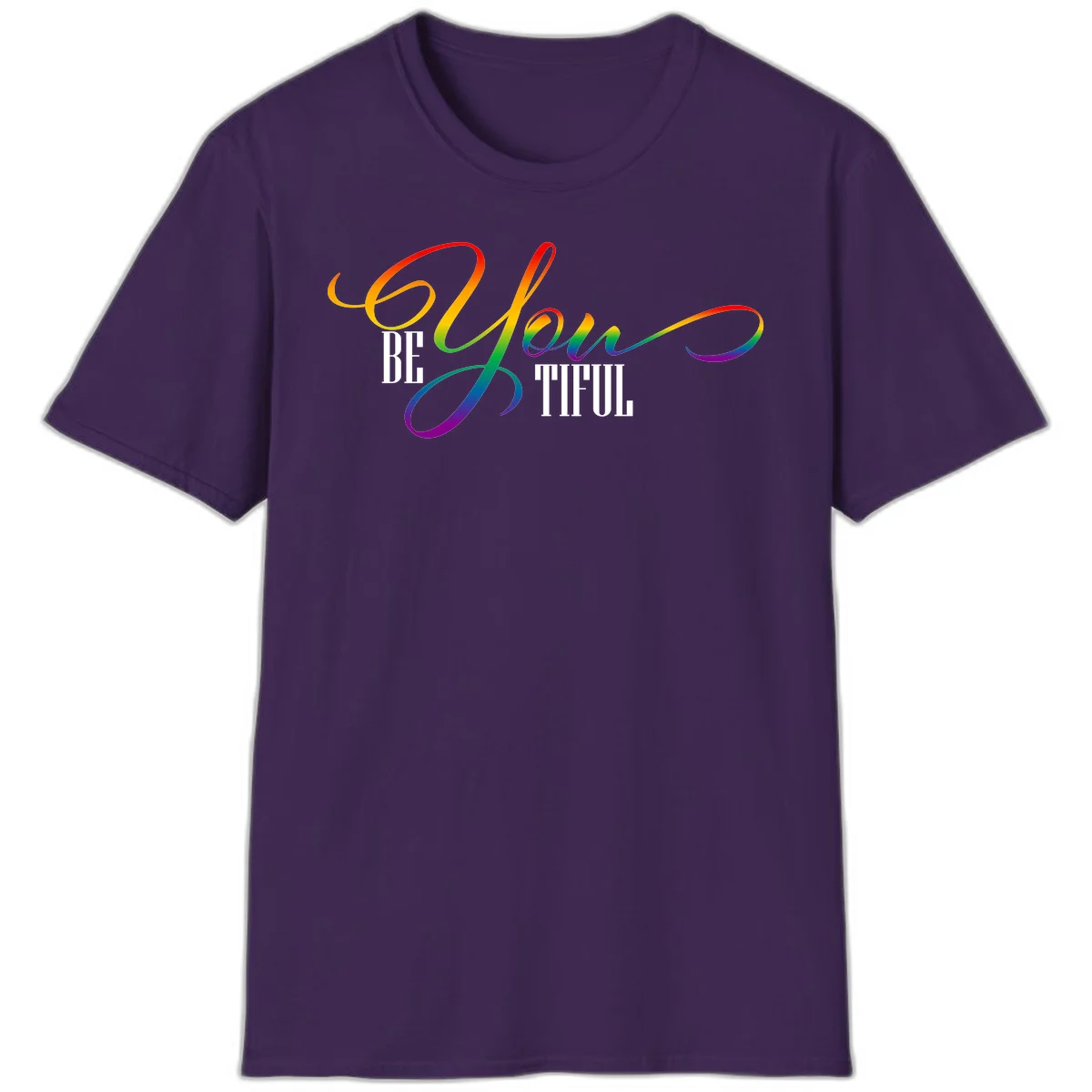 Colorful be-you-them-pride design with flowing rainbow gradient text transitioning from red to purple on gray background in Purple