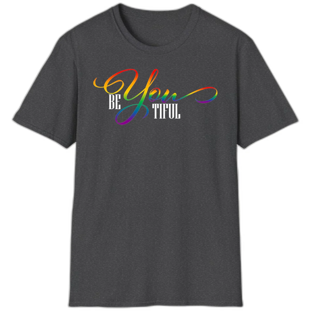 Colorful be-you-them-pride design with flowing rainbow gradient text transitioning from red to purple on gray background in Dark Heather