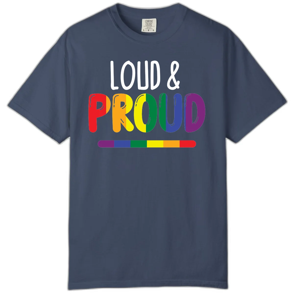 Loud and proud rainbow pride design with colorful gradient letters and pride flag stripe on gray background in Midnight
