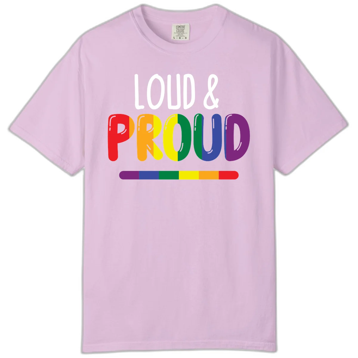 Loud and proud rainbow pride design with colorful gradient letters and pride flag stripe on gray background in Orchid