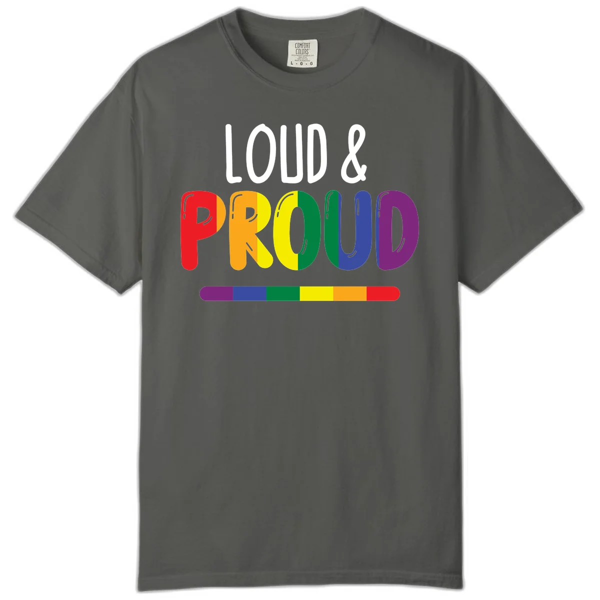 Loud and proud rainbow pride design with colorful gradient letters and pride flag stripe on gray background in Pepper