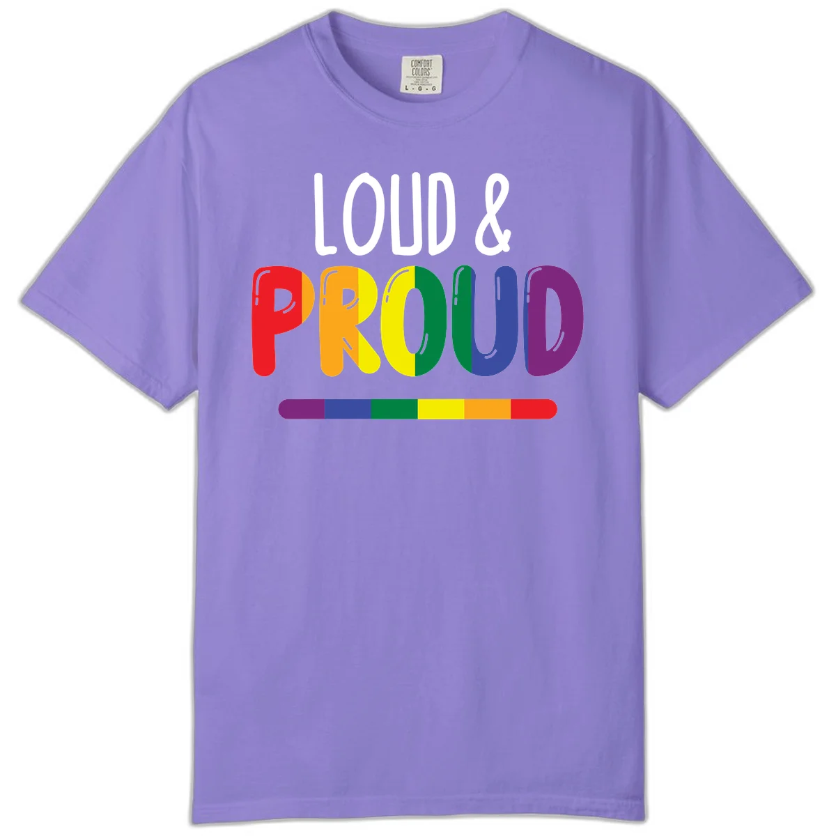 Loud and proud rainbow pride design with colorful gradient letters and pride flag stripe on gray background in Violet