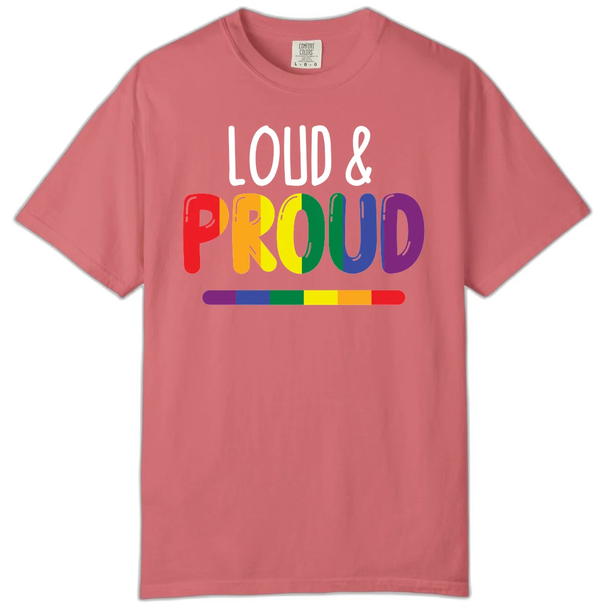Loud and proud rainbow pride design with colorful gradient letters and pride flag stripe on gray background in Watermelon