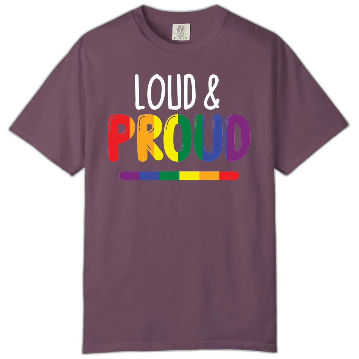 Loud and proud rainbow pride design with colorful gradient letters and pride flag stripe on gray background in Berry
