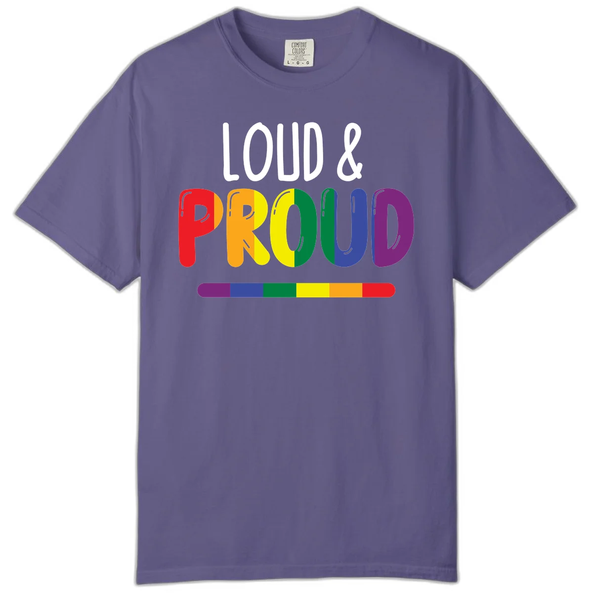 Loud and proud rainbow pride design with colorful gradient letters and pride flag stripe on gray background in Grape