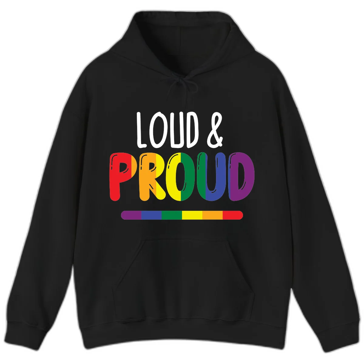 Loud and proud rainbow pride design with colorful gradient letters and pride flag stripe on gray background in Black