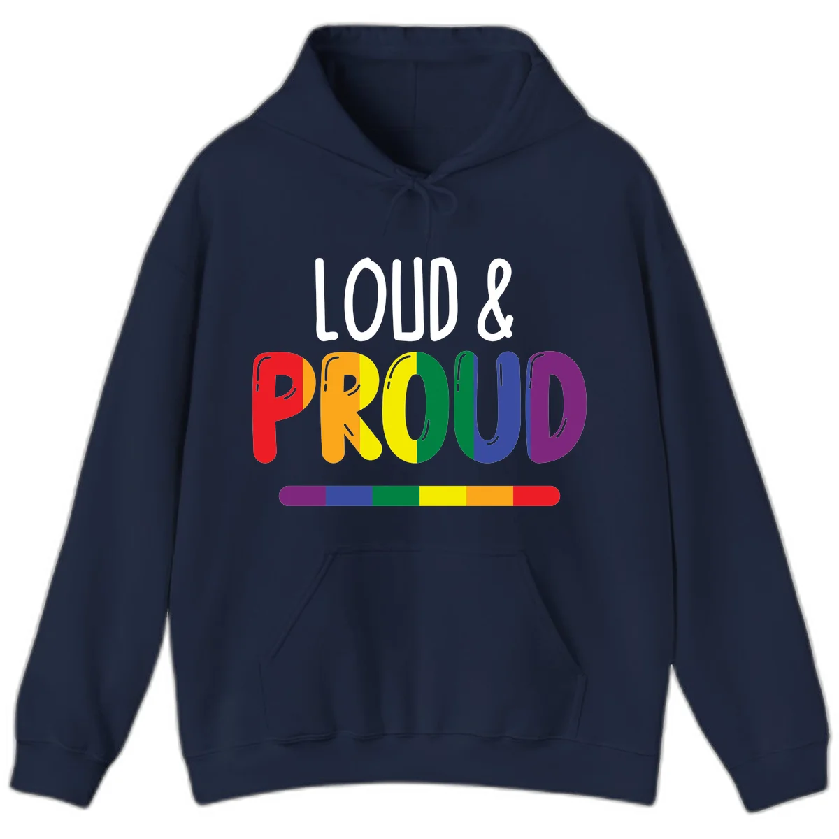Loud and proud rainbow pride design with colorful gradient letters and pride flag stripe on gray background in Navy