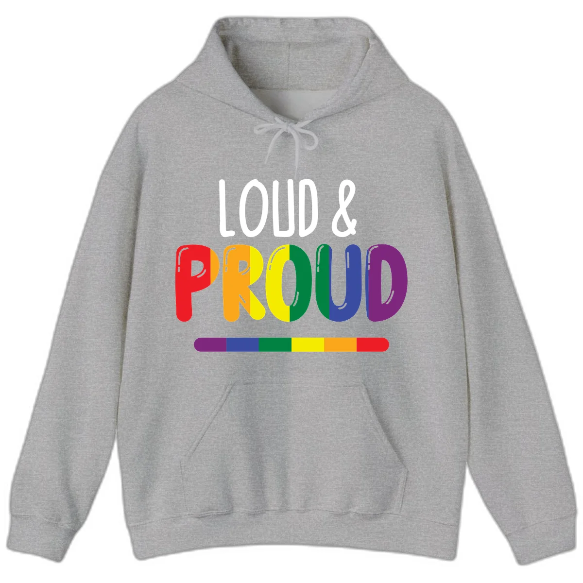 Loud and proud rainbow pride design with colorful gradient letters and pride flag stripe on gray background in Sport Grey