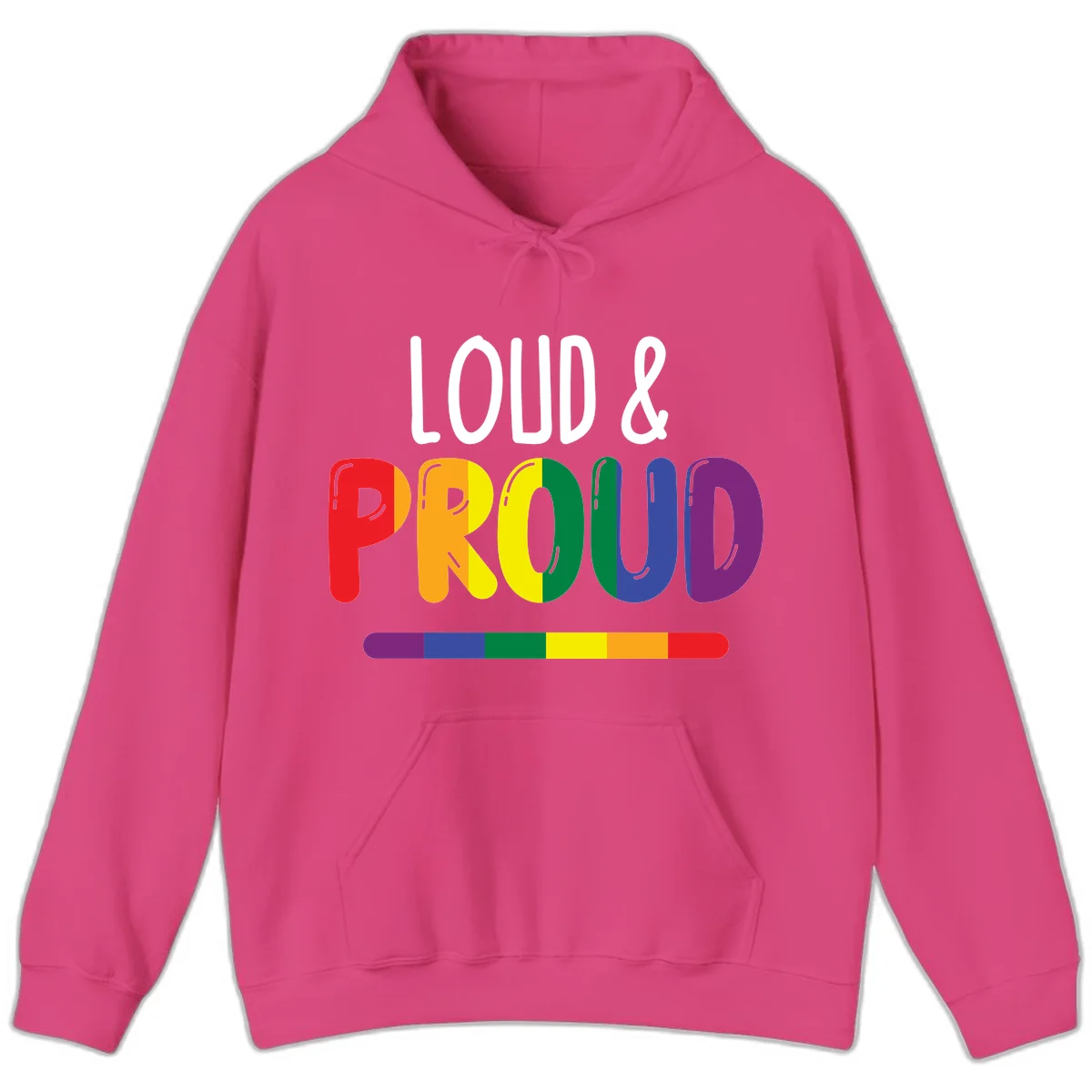 Loud and proud rainbow pride design with colorful gradient letters and pride flag stripe on gray background in Heliconia
