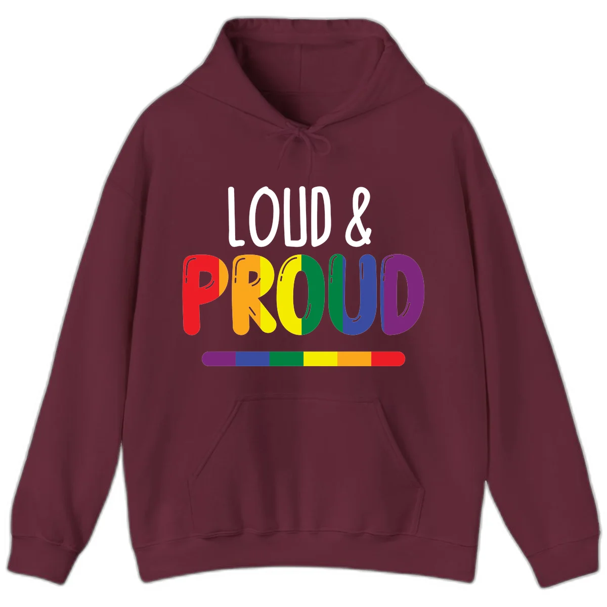 Loud and proud rainbow pride design with colorful gradient letters and pride flag stripe on gray background in Maroon