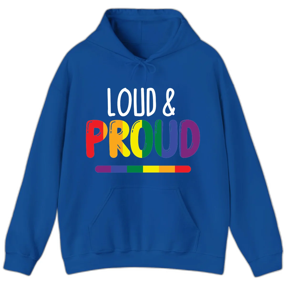 Loud and proud rainbow pride design with colorful gradient letters and pride flag stripe on gray background in Royal