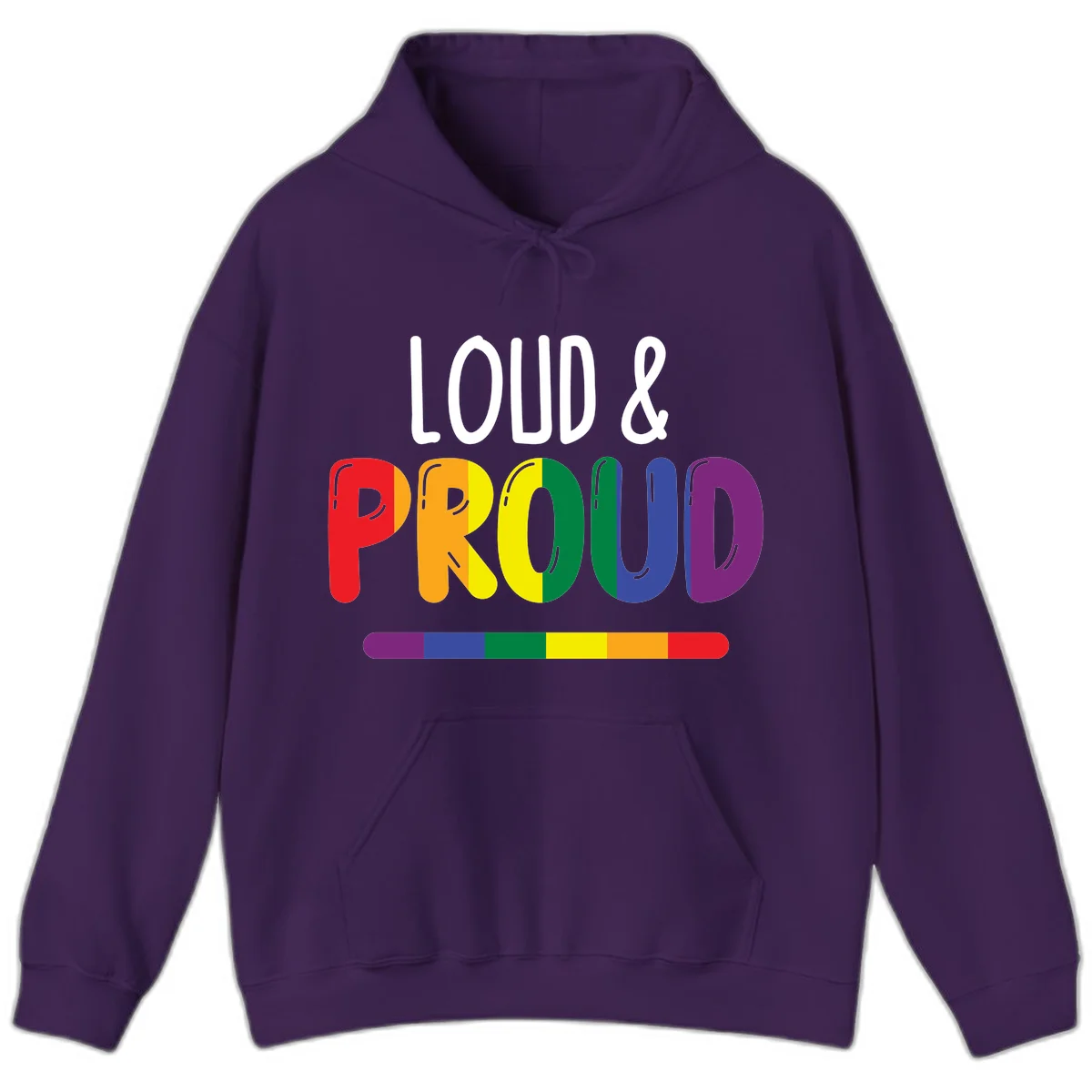 Loud and proud rainbow pride design with colorful gradient letters and pride flag stripe on gray background in Purple