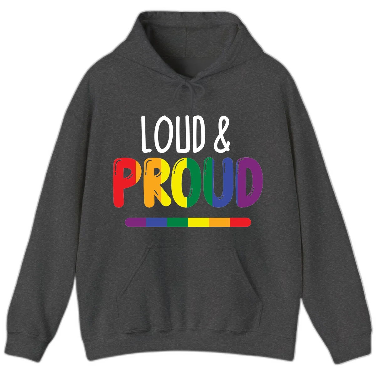 Loud and proud rainbow pride design with colorful gradient letters and pride flag stripe on gray background in Dark Heather