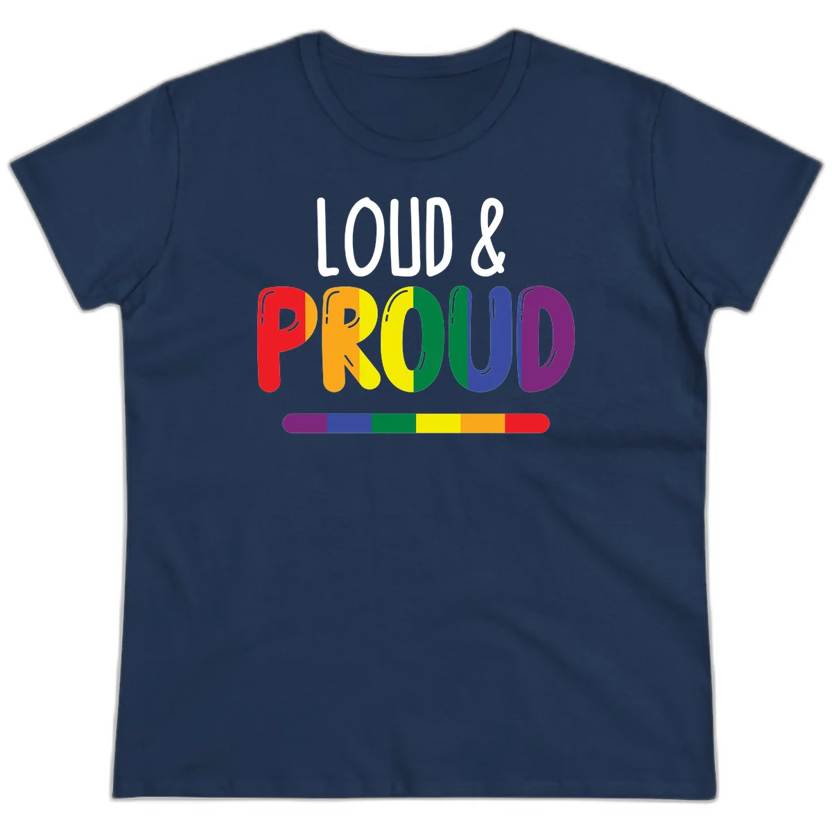 Loud and proud rainbow pride design with colorful gradient letters and pride flag stripe on gray background in Navy