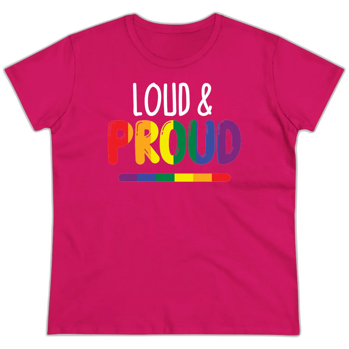 Loud and proud rainbow pride design with colorful gradient letters and pride flag stripe on gray background in Heliconia