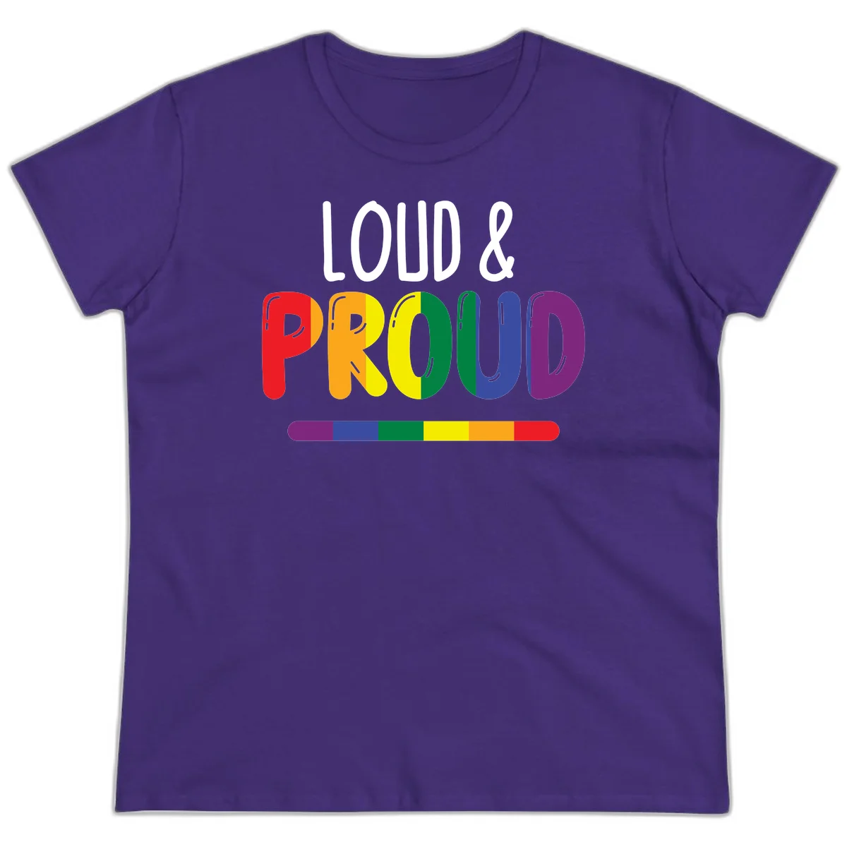 Loud and proud rainbow pride design with colorful gradient letters and pride flag stripe on gray background in Purple