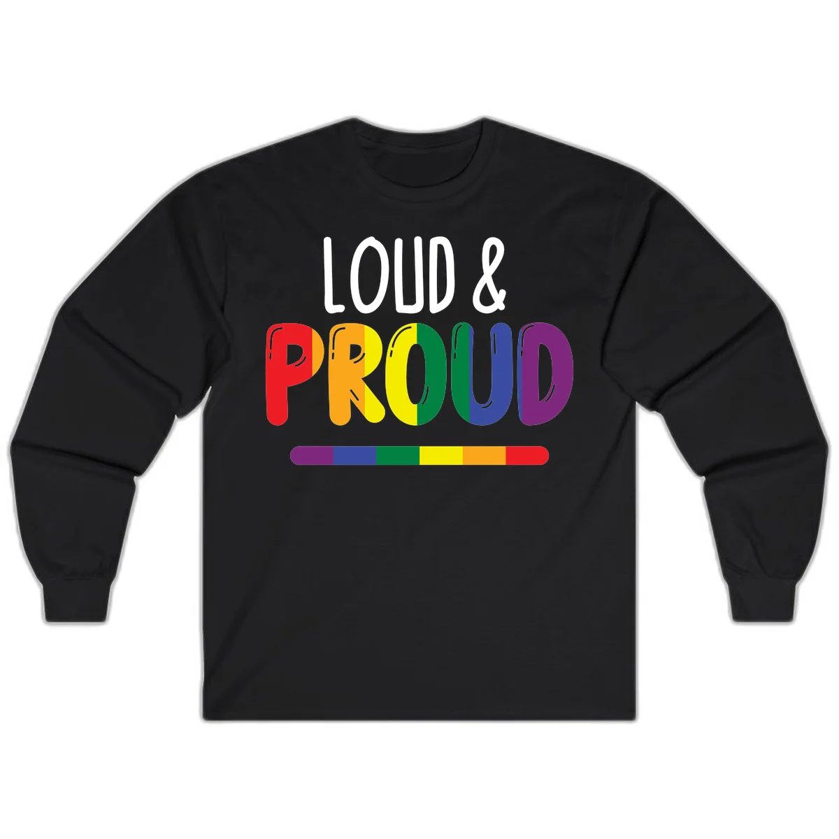 Loud and proud rainbow pride design with colorful gradient letters and pride flag stripe on gray background in Black