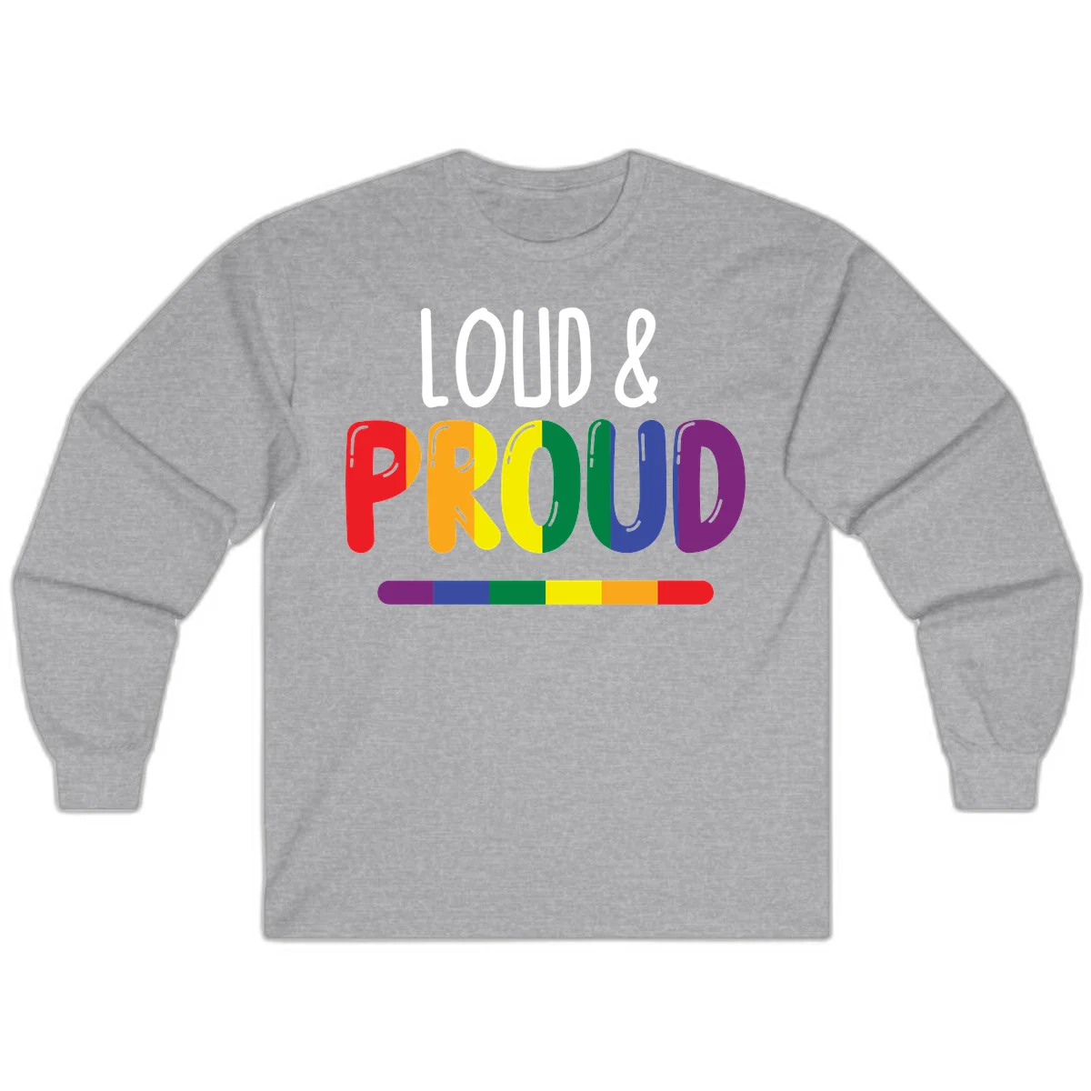 Loud and proud rainbow pride design with colorful gradient letters and pride flag stripe on gray background in Sport Grey