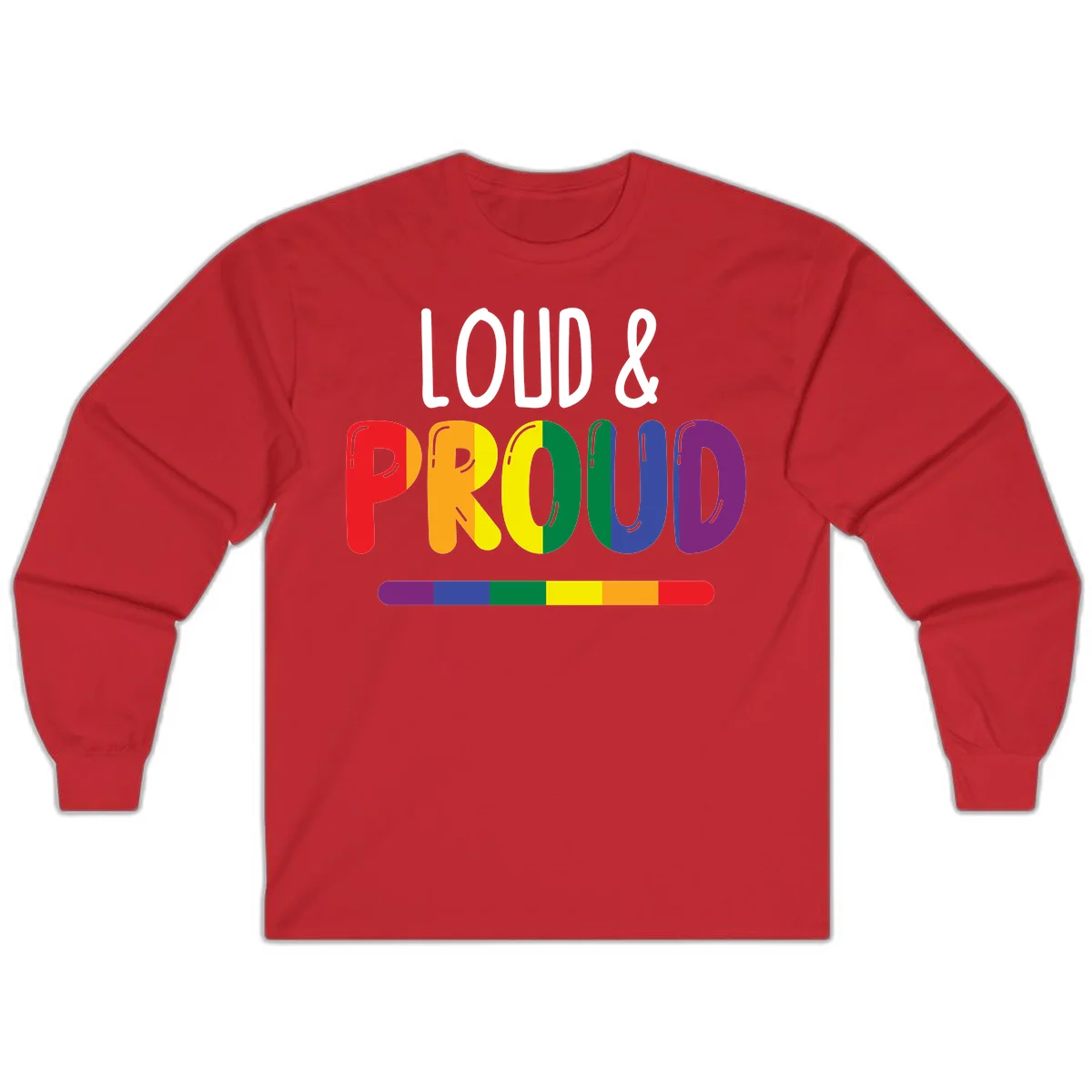 Loud and proud rainbow pride design with colorful gradient letters and pride flag stripe on gray background in Red