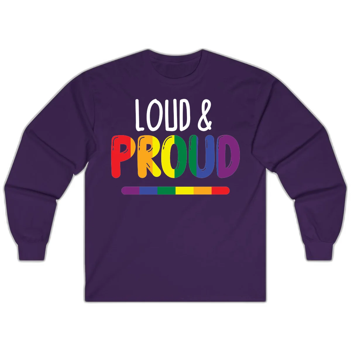 Loud and proud rainbow pride design with colorful gradient letters and pride flag stripe on gray background in Purple