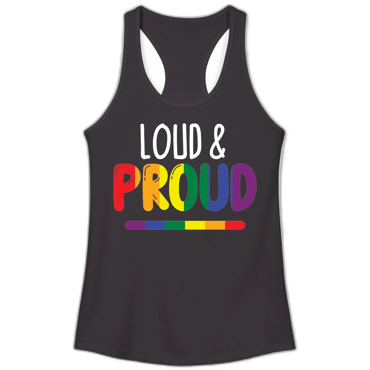 Loud and proud rainbow pride design with colorful gradient letters and pride flag stripe on gray background in Black