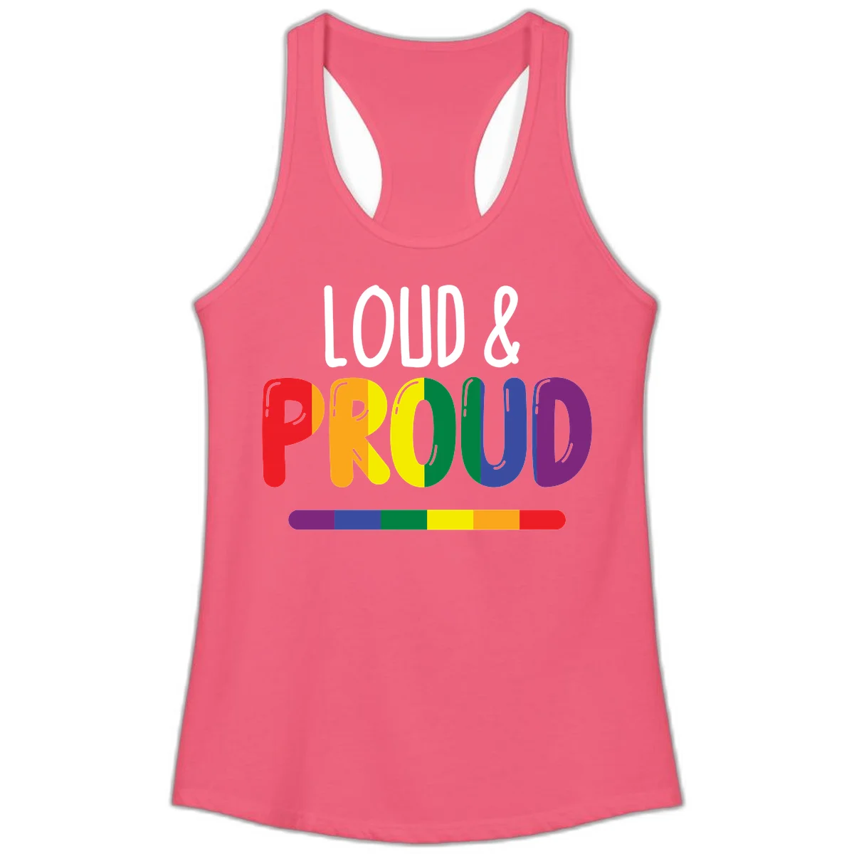 Loud and proud rainbow pride design with colorful gradient letters and pride flag stripe on gray background in Hot Pink