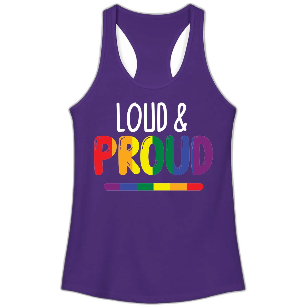 Loud and proud rainbow pride design with colorful gradient letters and pride flag stripe on gray background in Solid Purple Rush