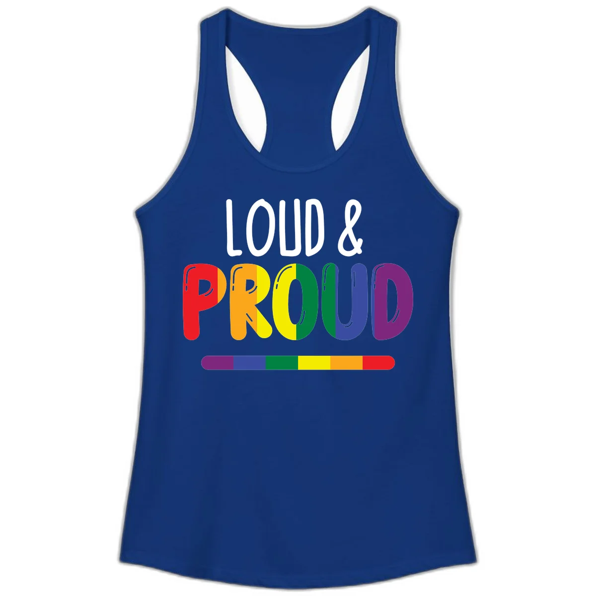 Loud and proud rainbow pride design with colorful gradient letters and pride flag stripe on gray background in Solid Royal