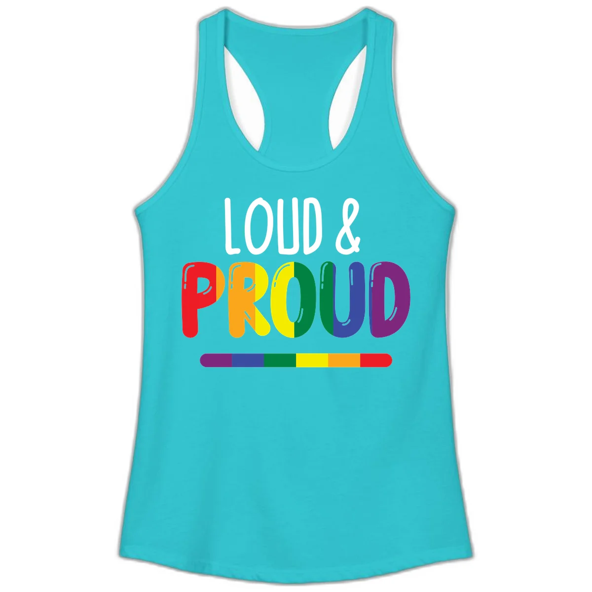 Loud and proud rainbow pride design with colorful gradient letters and pride flag stripe on gray background in Solid Tahiti Blue