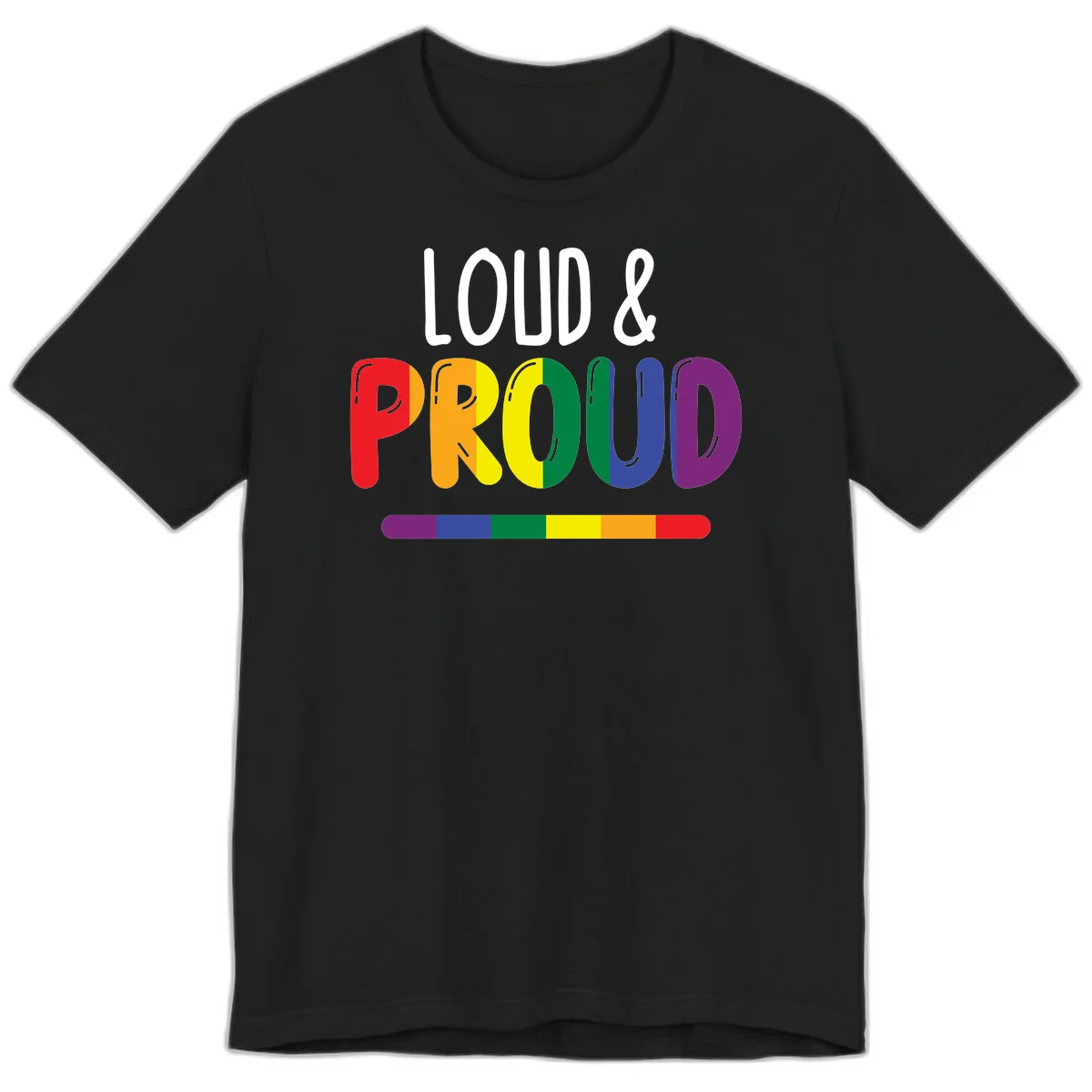 Loud and proud rainbow pride design with colorful gradient letters and pride flag stripe on gray background in Black