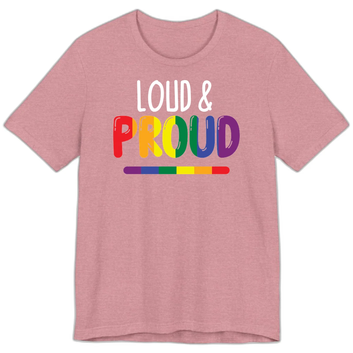 Loud and proud rainbow pride design with colorful gradient letters and pride flag stripe on gray background in Heather Orchid