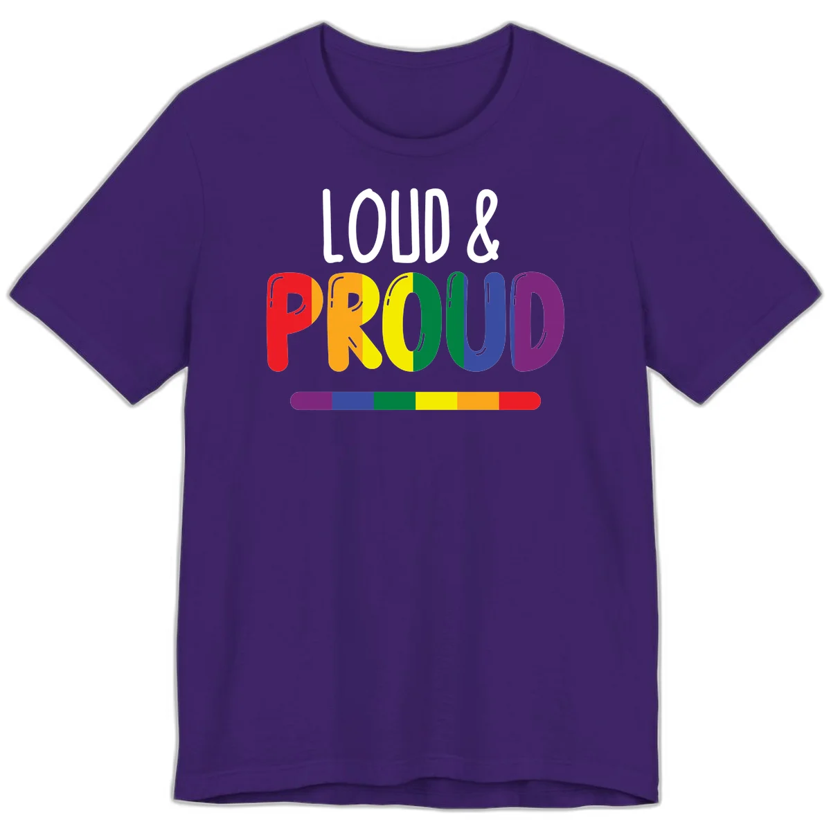 Loud and proud rainbow pride design with colorful gradient letters and pride flag stripe on gray background in Team Purple