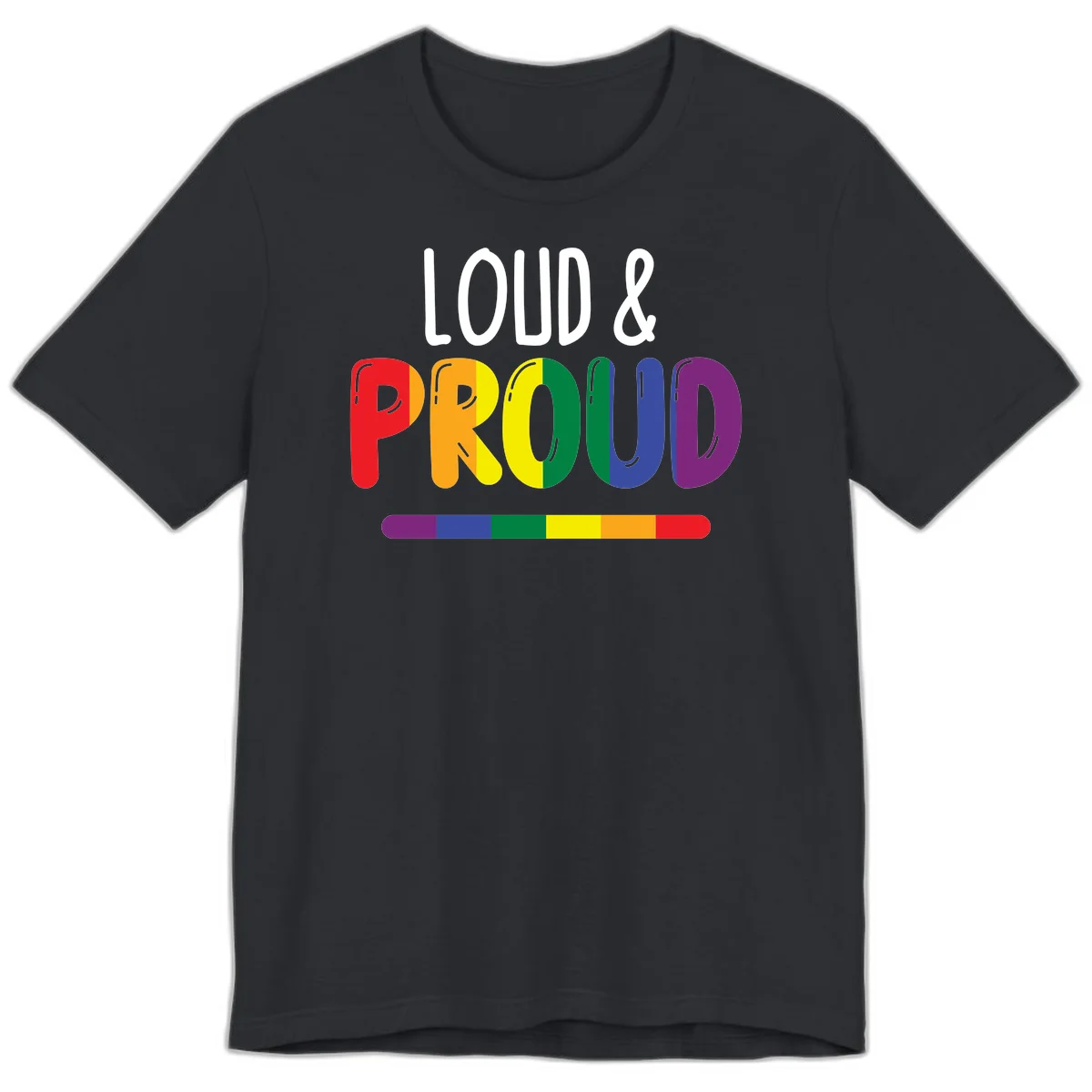 Loud and proud rainbow pride design with colorful gradient letters and pride flag stripe on gray background in Vintage Black