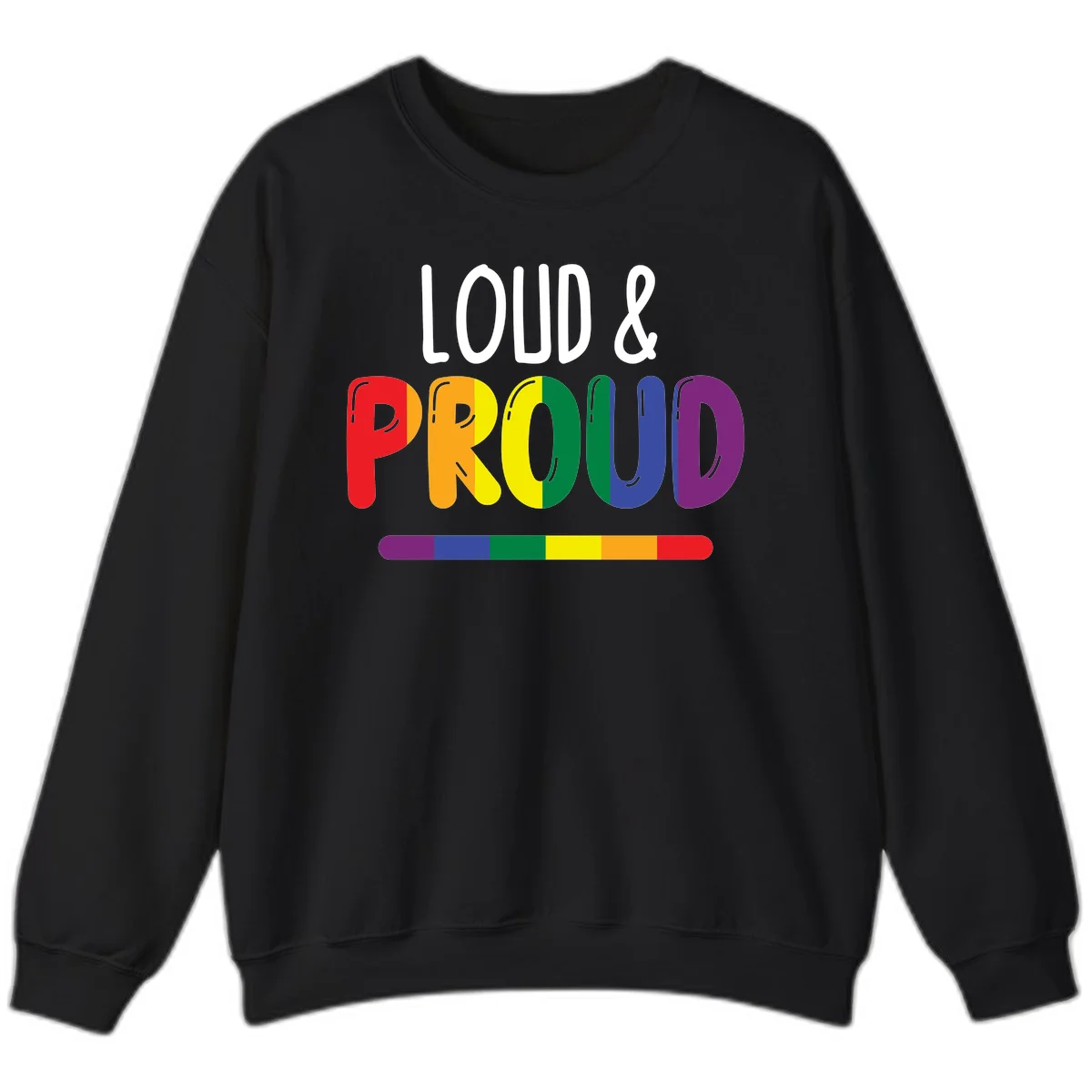 Loud and proud rainbow pride design with colorful gradient letters and pride flag stripe on gray background in Black
