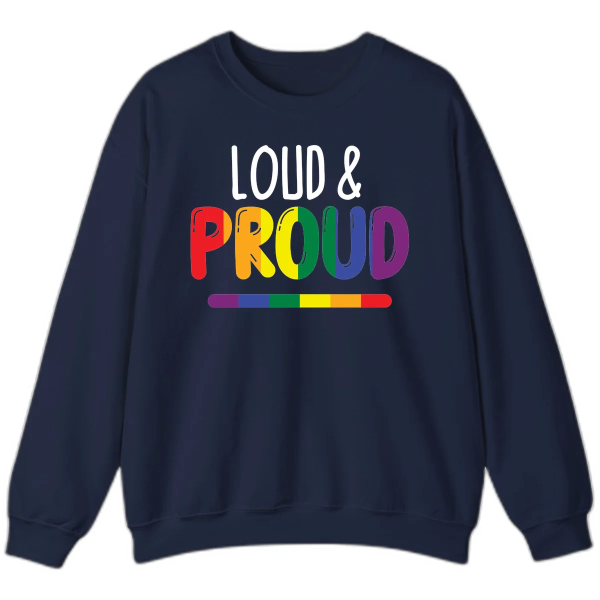Loud and proud rainbow pride design with colorful gradient letters and pride flag stripe on gray background in Navy