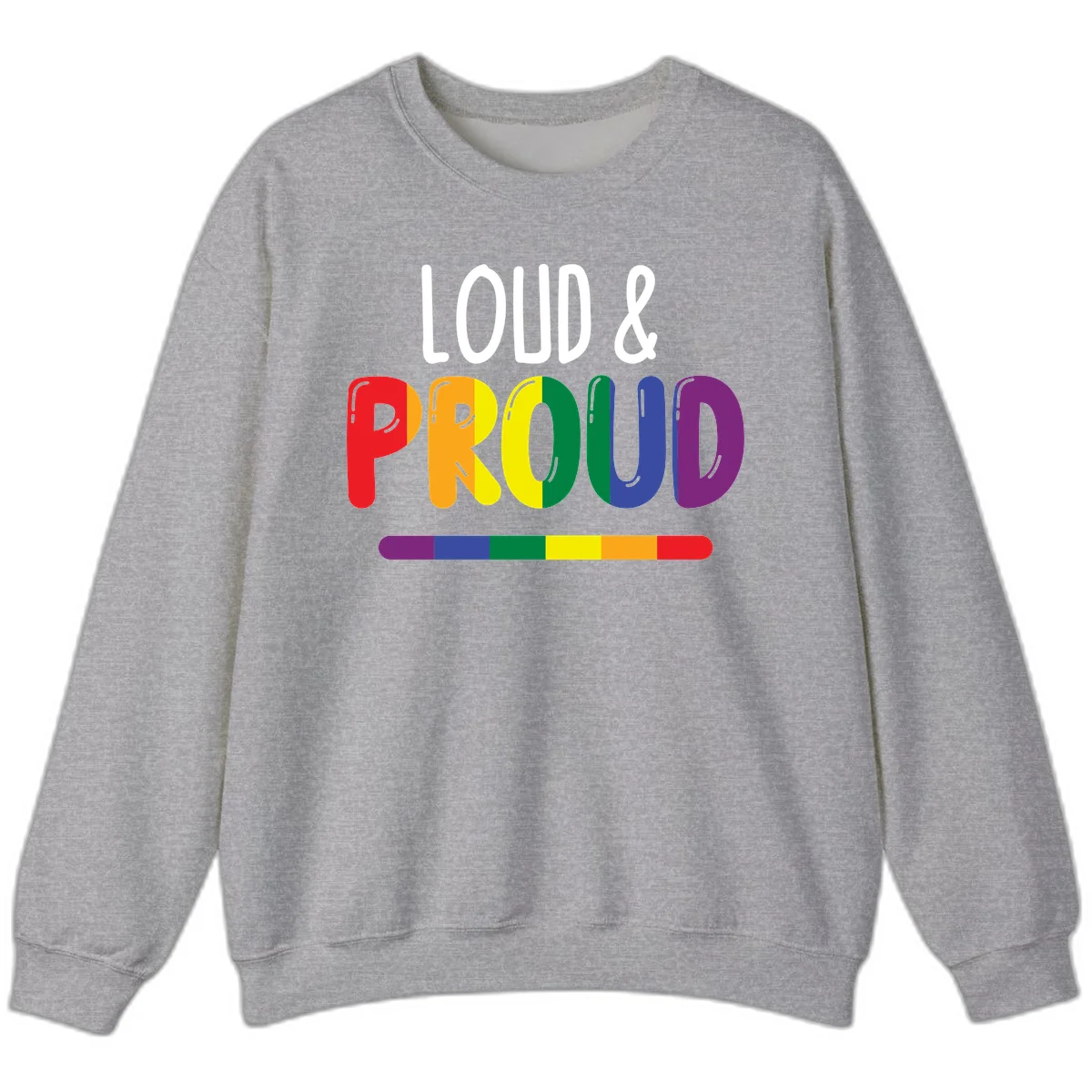 Loud and proud rainbow pride design with colorful gradient letters and pride flag stripe on gray background in Sport Grey