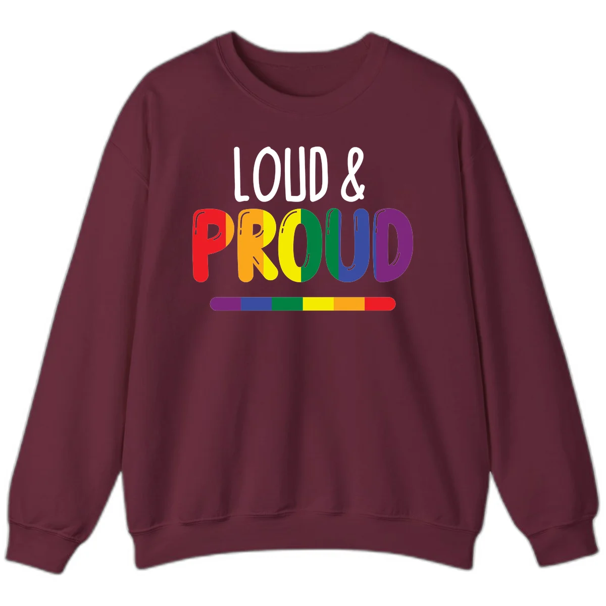 Loud and proud rainbow pride design with colorful gradient letters and pride flag stripe on gray background in Maroon