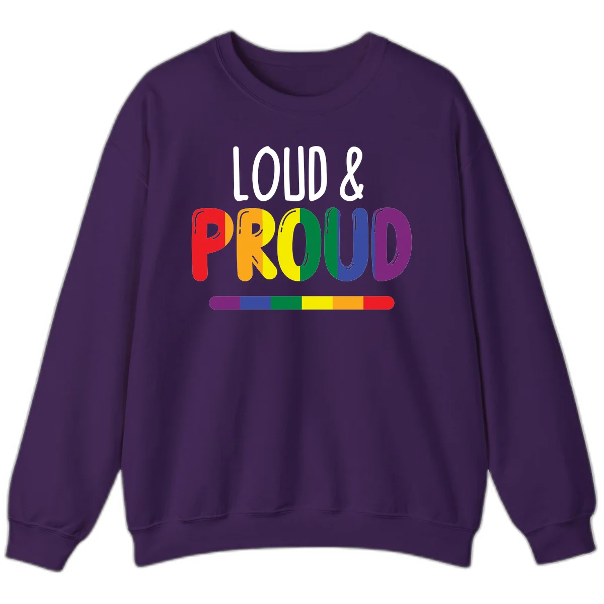 Loud and proud rainbow pride design with colorful gradient letters and pride flag stripe on gray background in Purple