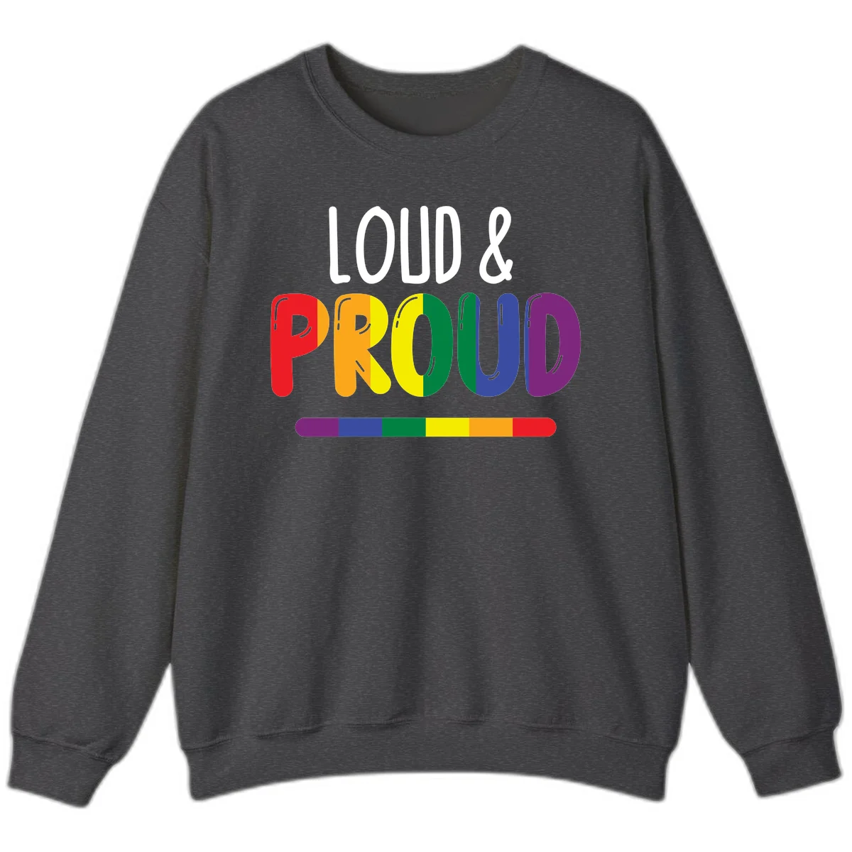 Loud and proud rainbow pride design with colorful gradient letters and pride flag stripe on gray background in Dark Heather