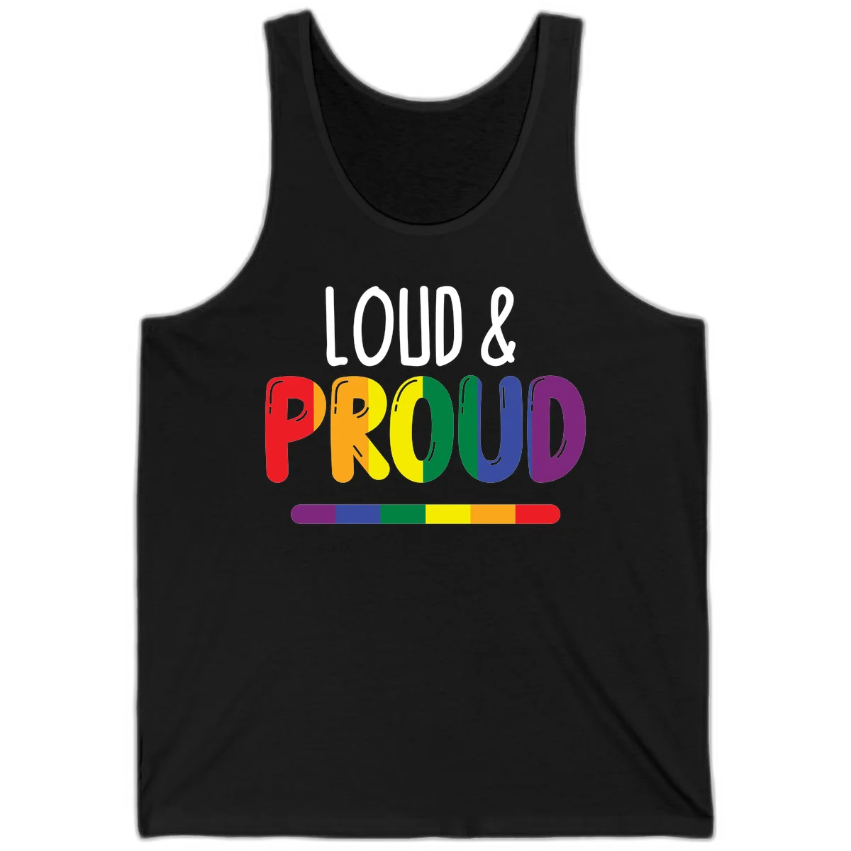Loud and proud rainbow pride design with colorful gradient letters and pride flag stripe on gray background in Black