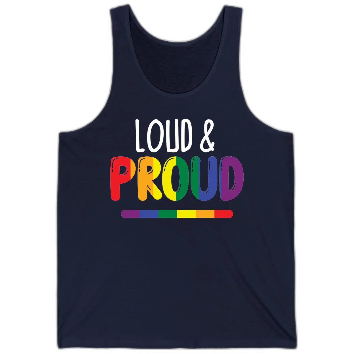 Loud and proud rainbow pride design with colorful gradient letters and pride flag stripe on gray background in Navy