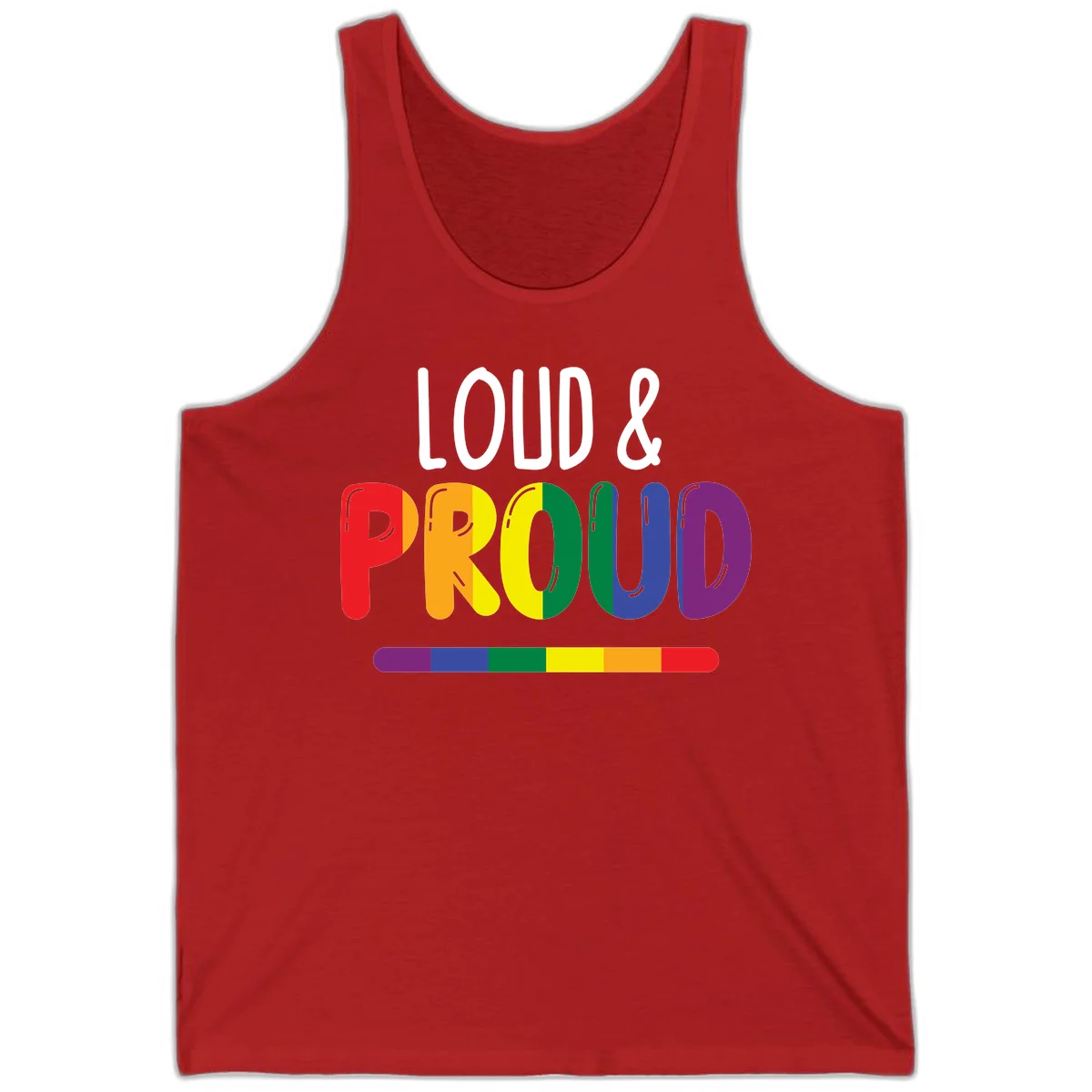 Loud and proud rainbow pride design with colorful gradient letters and pride flag stripe on gray background in Red