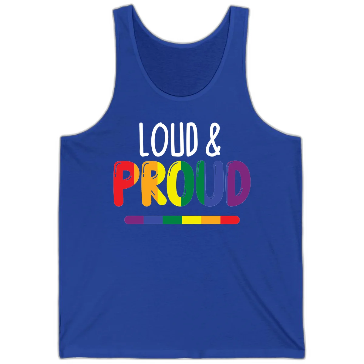 Loud and proud rainbow pride design with colorful gradient letters and pride flag stripe on gray background in True Royal