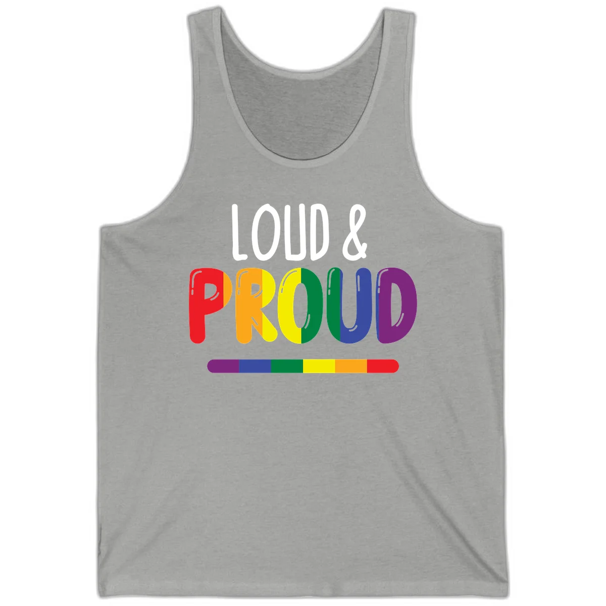 Loud and proud rainbow pride design with colorful gradient letters and pride flag stripe on gray background in Athletic Heather