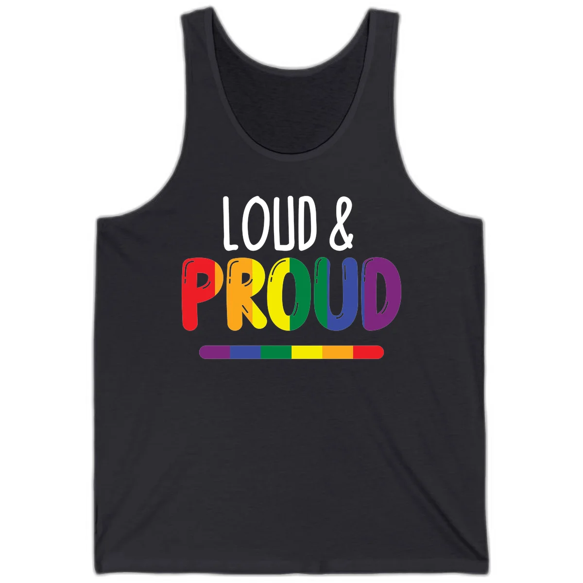Loud and proud rainbow pride design with colorful gradient letters and pride flag stripe on gray background in Dark Grey
