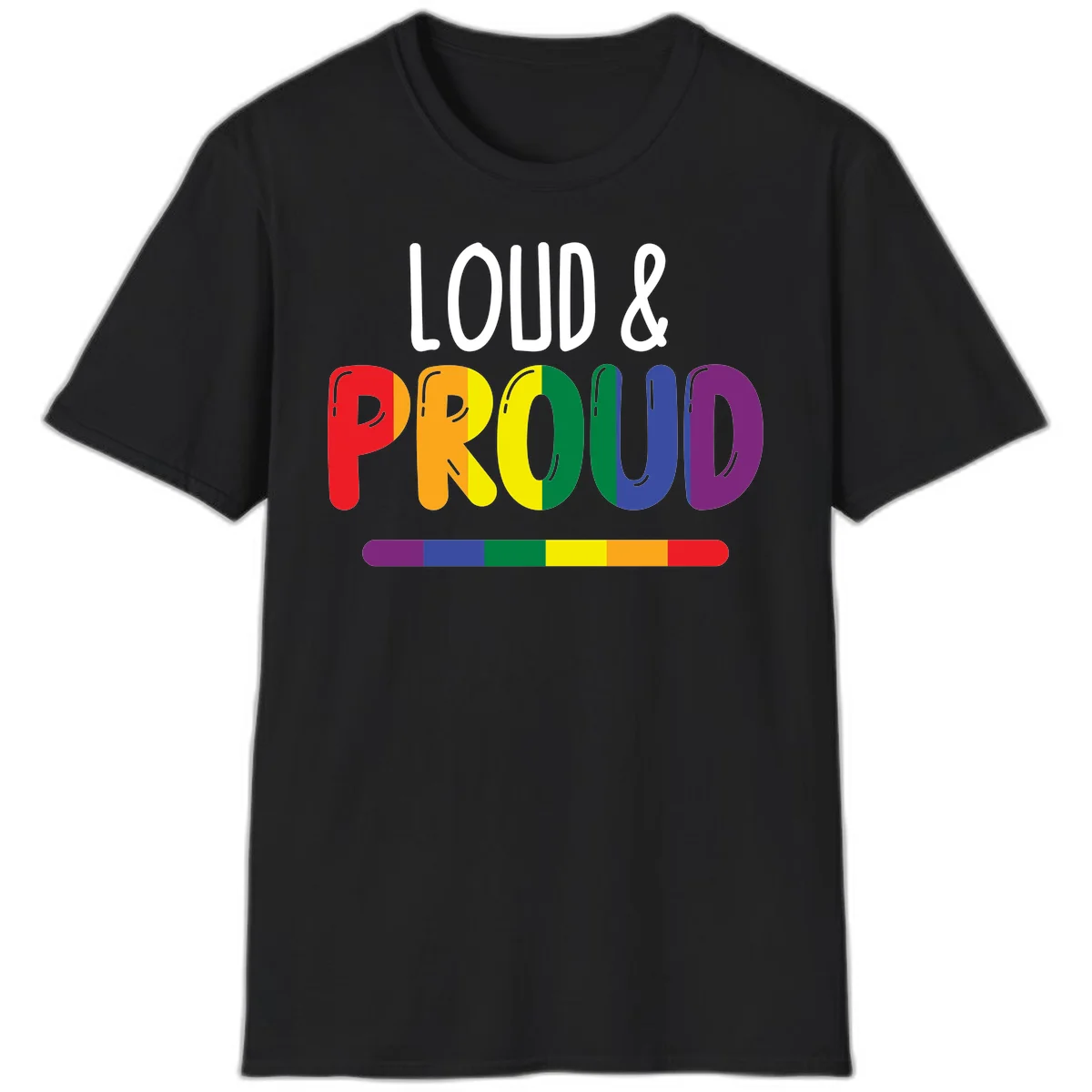 Loud and proud rainbow pride design with colorful gradient letters and pride flag stripe on gray background in Black