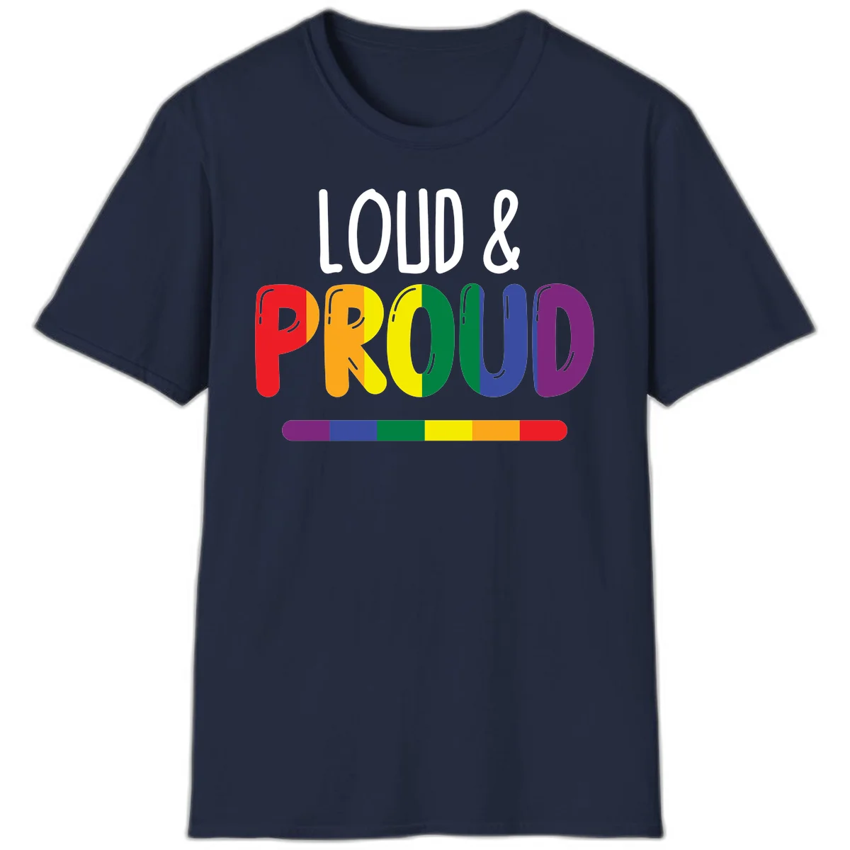 Loud and proud rainbow pride design with colorful gradient letters and pride flag stripe on gray background in Navy