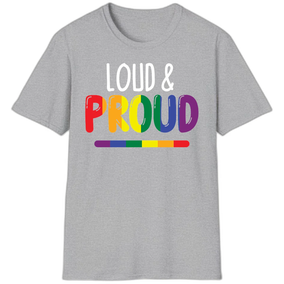 Loud and proud rainbow pride design with colorful gradient letters and pride flag stripe on gray background in Sport Grey