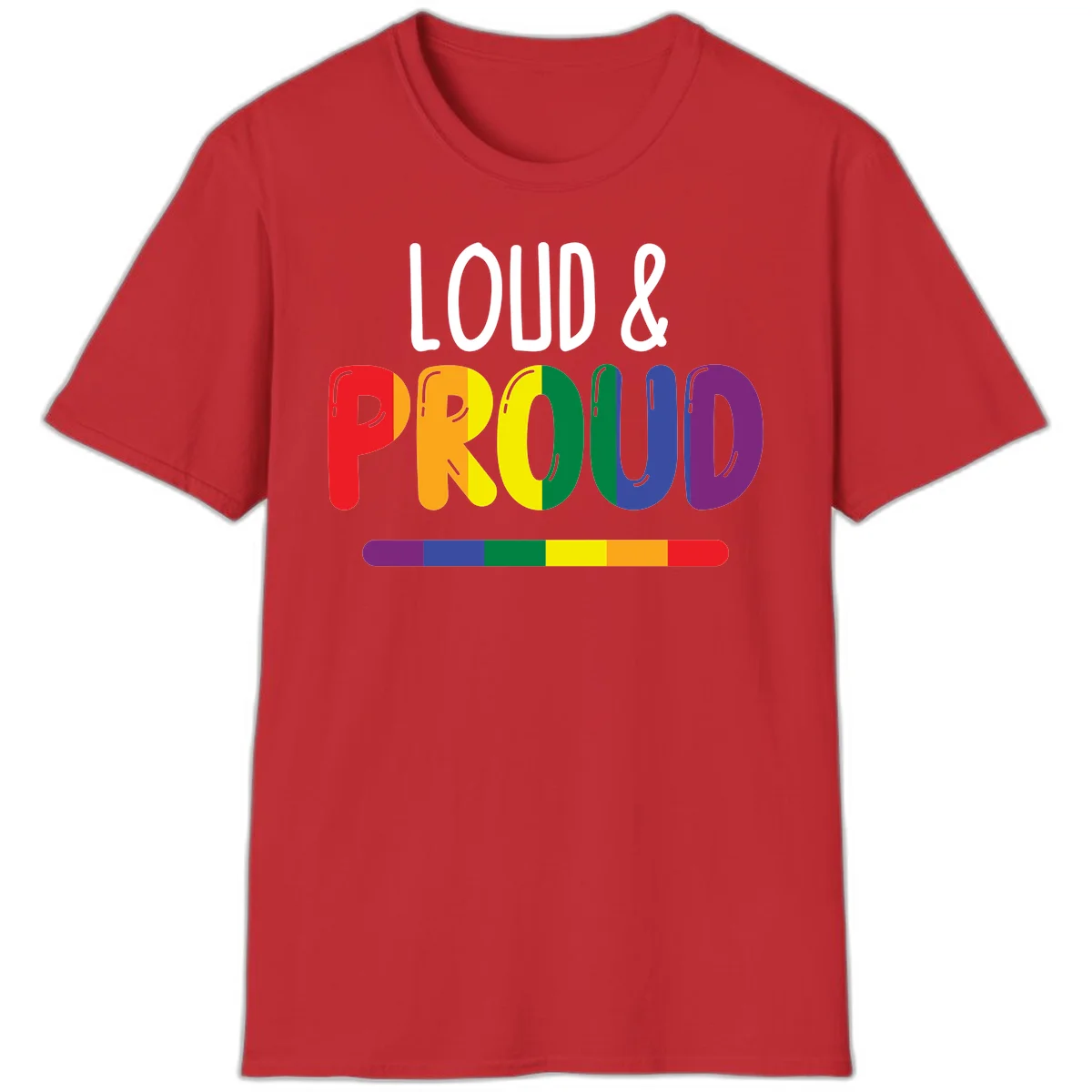 Loud and proud rainbow pride design with colorful gradient letters and pride flag stripe on gray background in Red